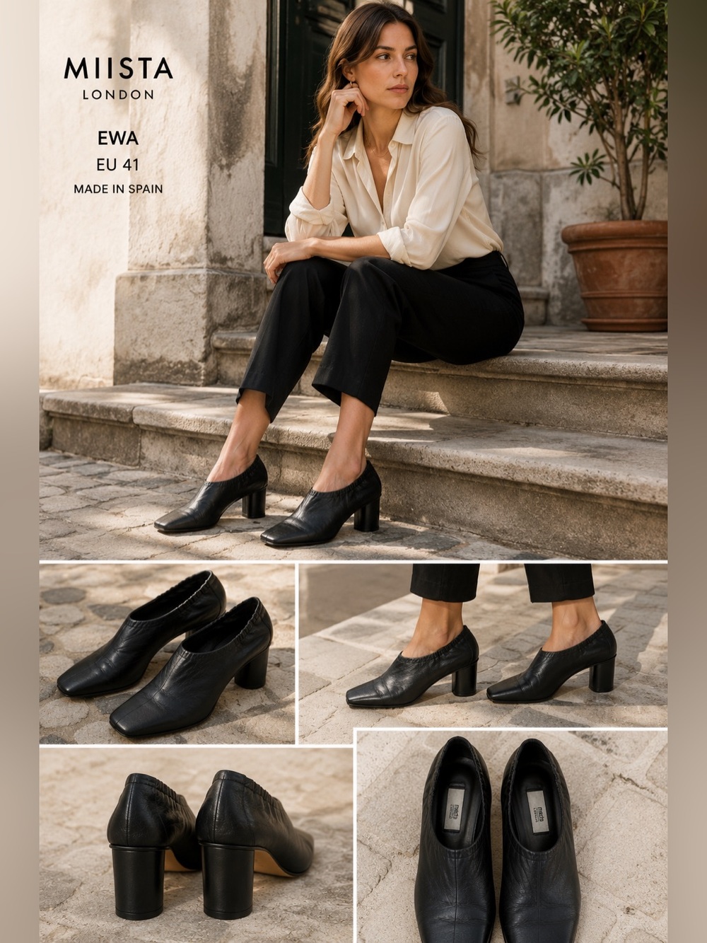 MIISTA London EWA Black Leather Elastic Topline Block Heel Pumps EU 41